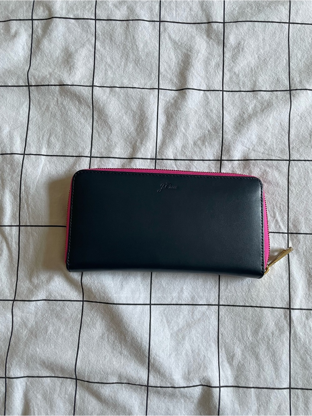J. Crew navy Leather Zip Wallet with Pink Trim